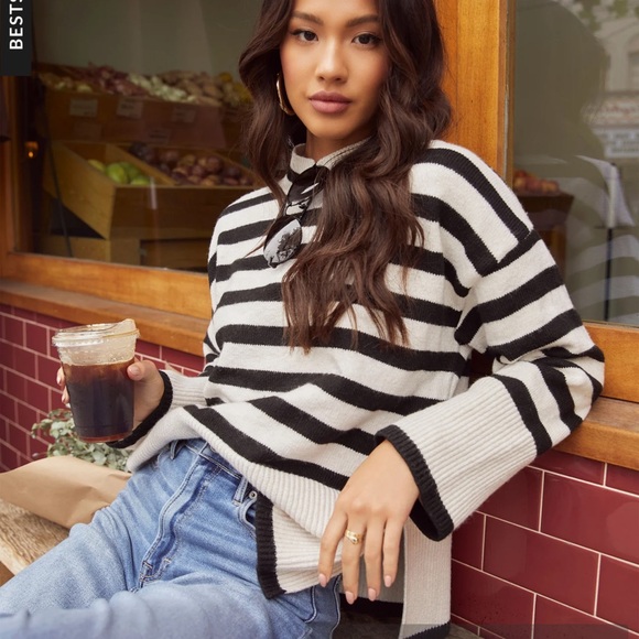 Vici Sweaters - VICI Black and White Striped oversized Sweater